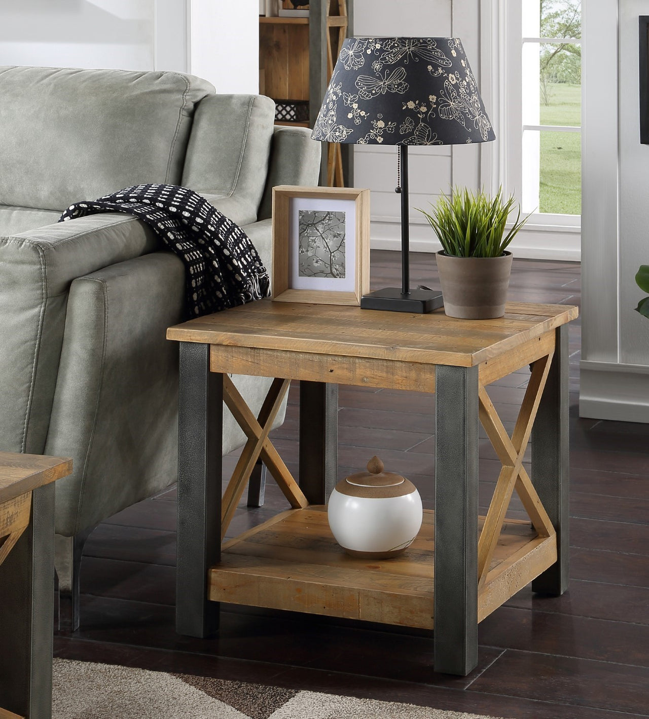 Reclaimed Wood And Steel Frame Lamp Table with Shelf