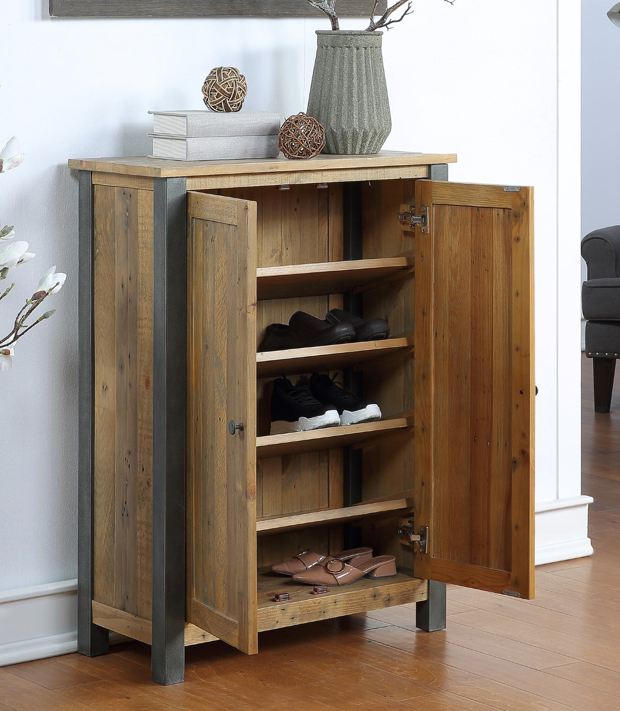 Industrial Reclaimed Wood Distressed Small Shoe Storage Cabinet Cupboard