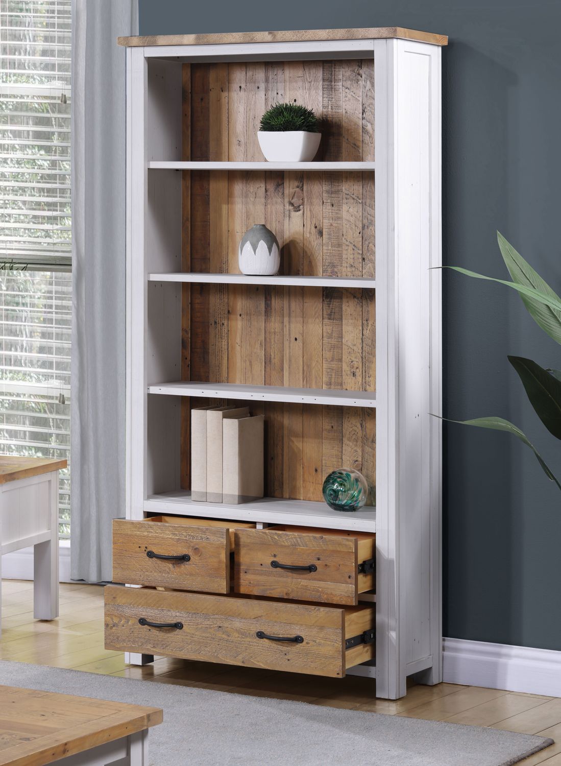 Splash of White Large Open Bookcase with Drawers