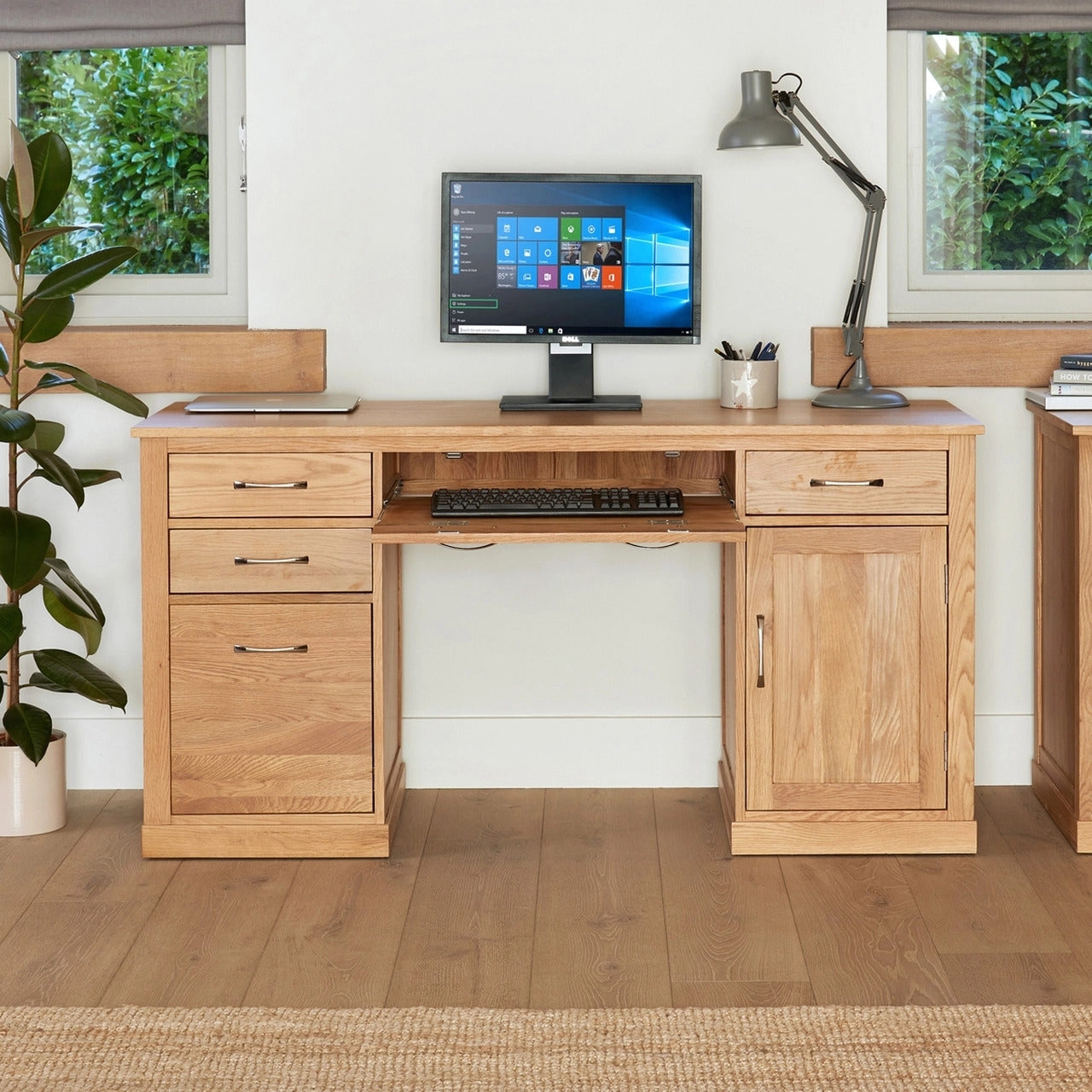 Light Oak Twin Pedestal Computer Desk With PC Cupboard and Filing Drawer