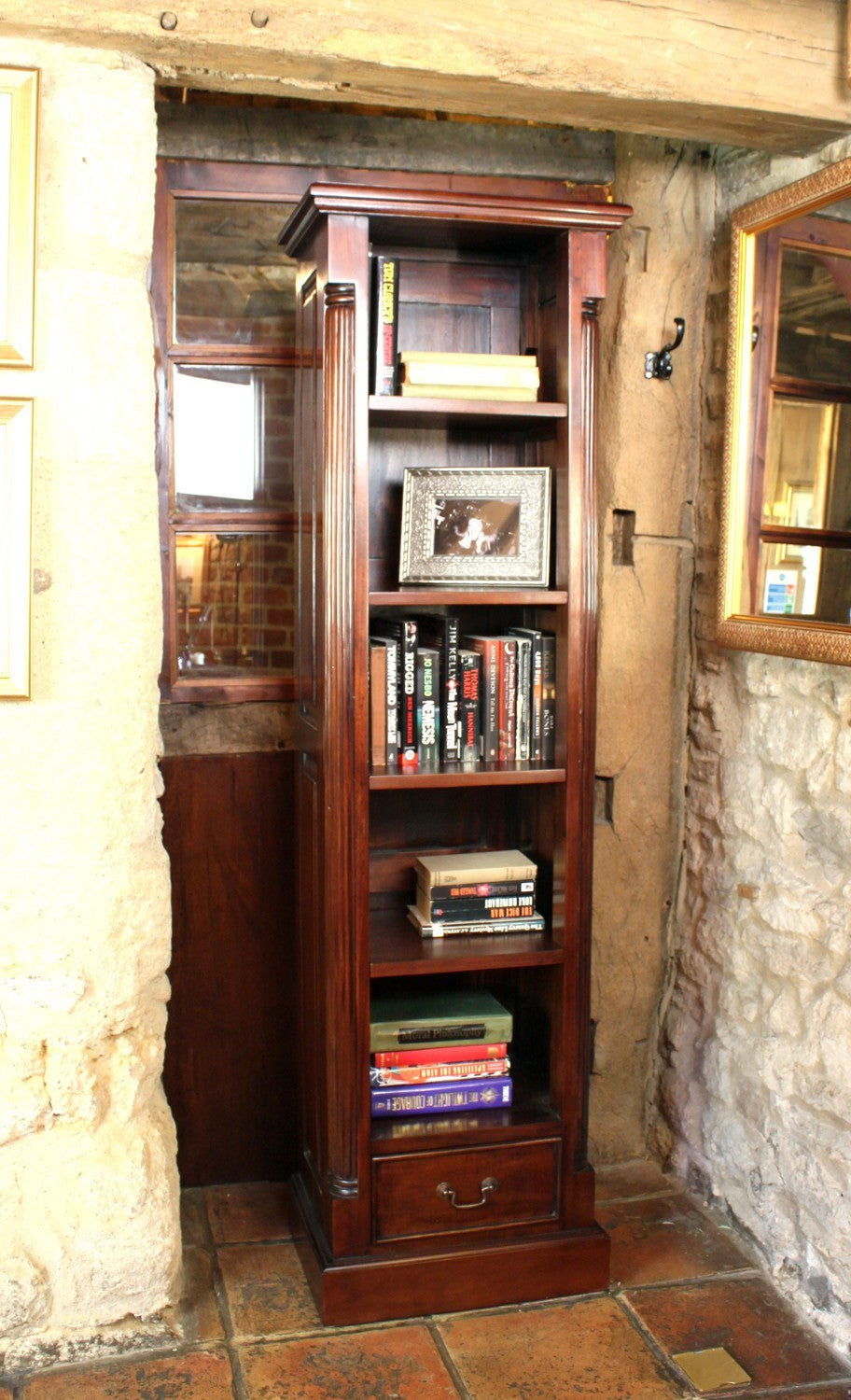 Tall Narrow Slim Alcove 1 Drawer Bookcase Mahogany Traditional Dark Wood Finish